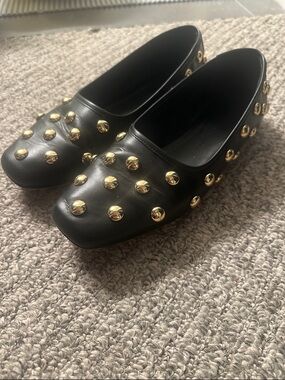 Freda Salvador Black Leather Studded Flats with Gold Studs
